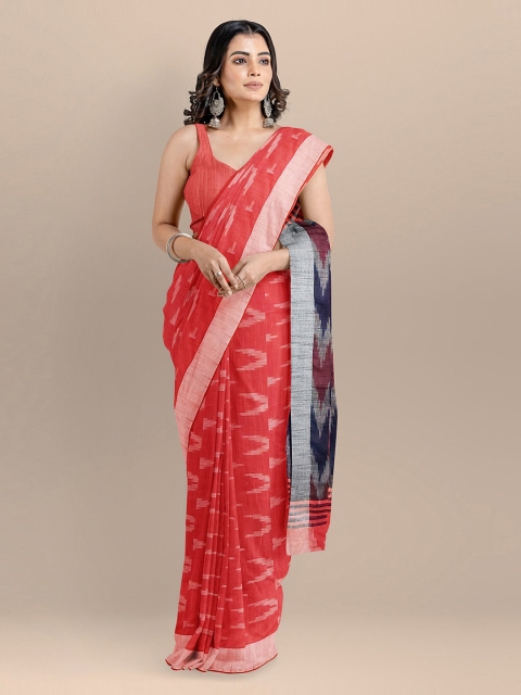 

BharatSthali Red Pure Cotton Woven Design Pochampally Ikat Sustainable Saree