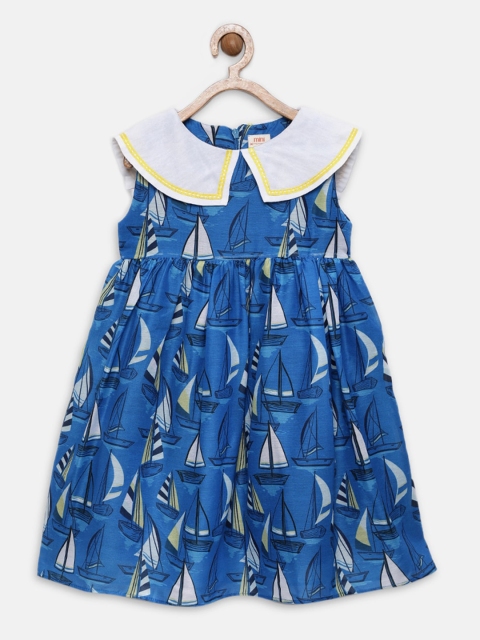 

mini miao Girls Blue & White Printed Fit and Flare Dress