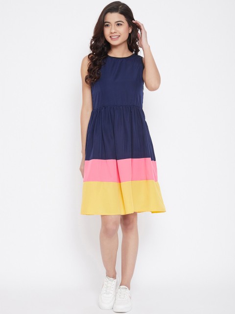 

CHROME & CORAL Women Blue Colourblocked Fit and Flare Dress