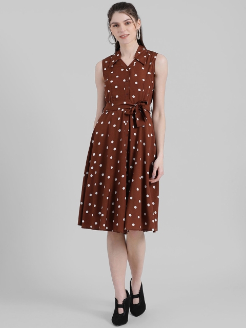 

Zink London Women Brown Polka Dots Printed Fit and Flare Dress