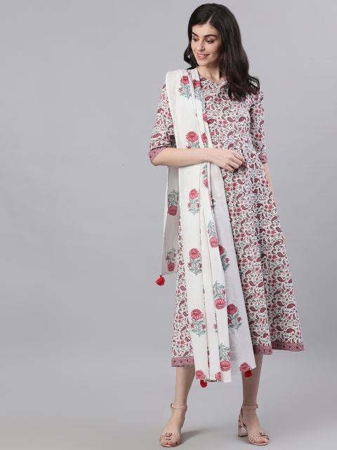 

Nayo Women White Printed Cotton A-Line Dress with Dupatta