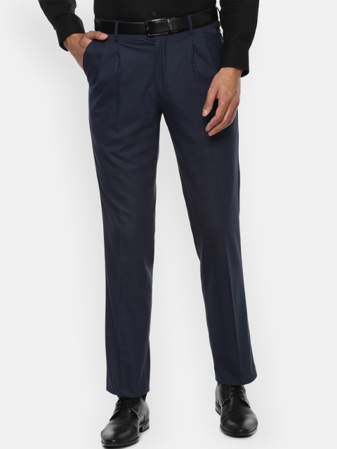 Louis Philippe Men Navy Blue Regular Fit Self Design Formal Trousers