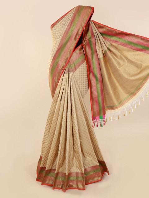 

Pothys Cream-Coloured Pure Silk Woven Design Banarasi Saree with Jhalar Pallu
