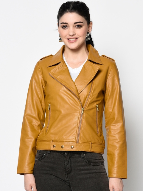 

Trufit Women Mustard Yellow Solid Biker Jacket