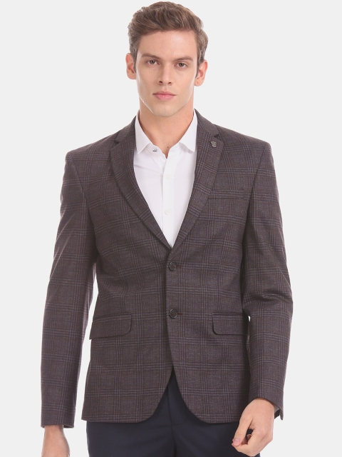 

True Blue Men Burgundy Checked Slim Fit Single Breasted Blazer