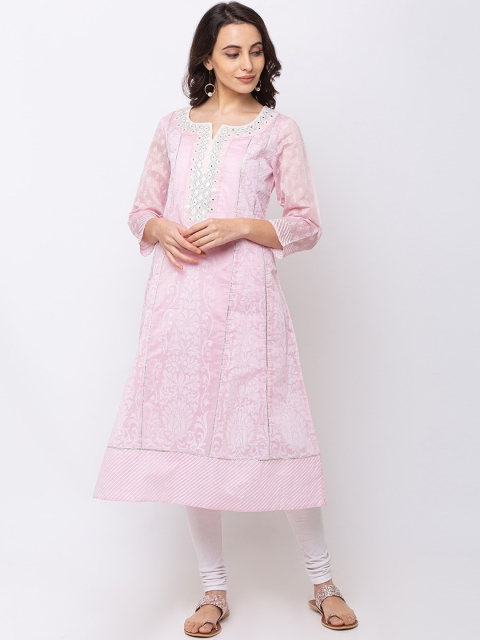 

Ethnicity Women Pink Woven Design A-Line Kurta