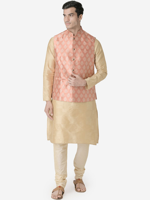 

TABARD Men Gold-Coloured & Pink Solid Kurta with Pyjamas & Nehru Jacket