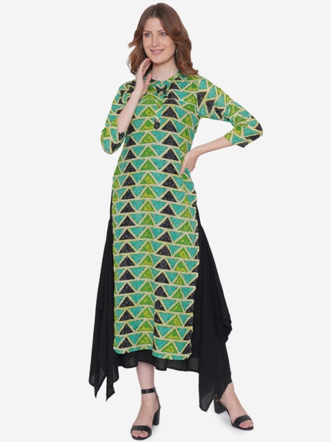 

Vedic Women Green & Brown Printed A-Line Kurta
