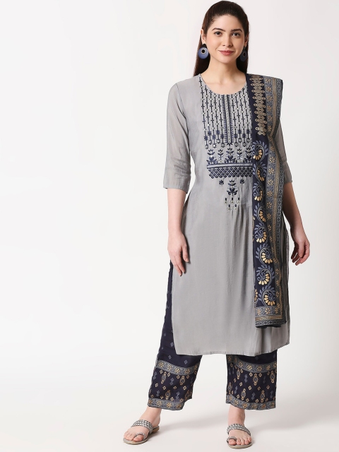 

ZRI Women Grey & Navy Blue Yoke Design Kurta with Palazzos & Dupatta