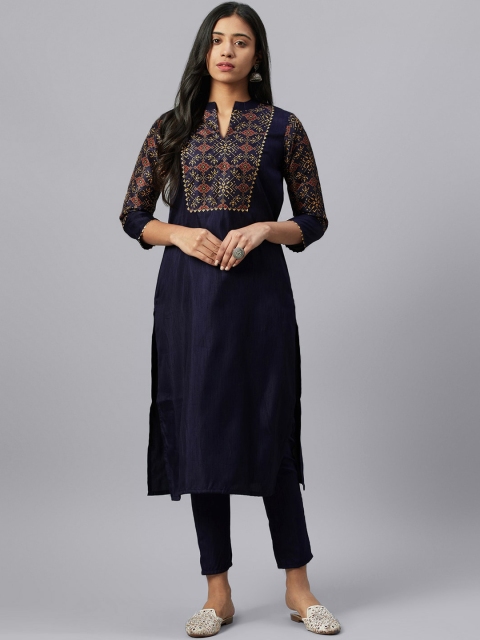 

ZIYAA Women Navy Blue Yoke Design Straight Kurta