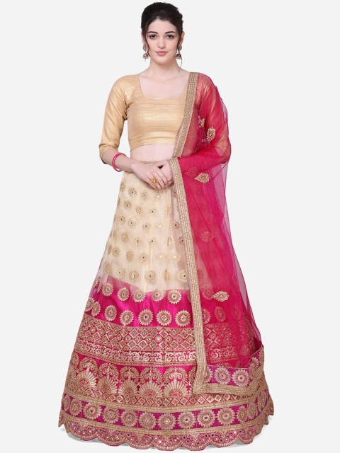 

Mitera Women Pink & Gold-Coloured Embroidered Semi-Stitch Lehenga & Unstitched Choli With Embellished Dupatta