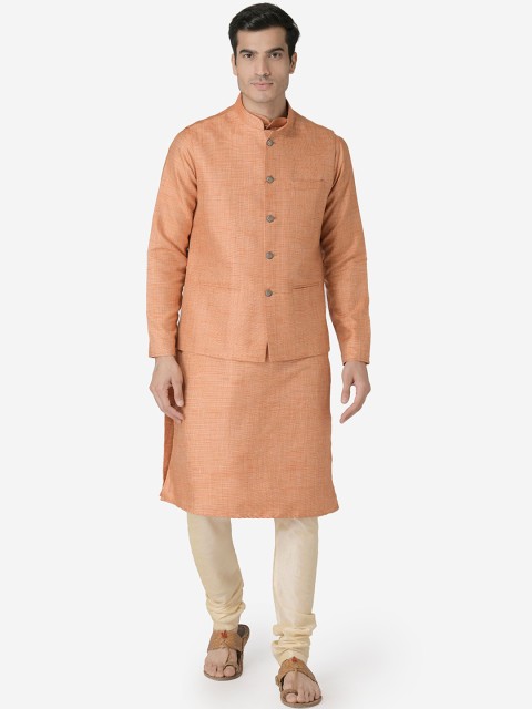 

TABARD Men Orange & Beige Solid Kurta with Churidar & Nehru Jacket