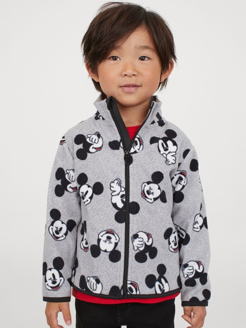 H&M Boys Grey & Black Mickey Mouse Printed Fleece Jacket