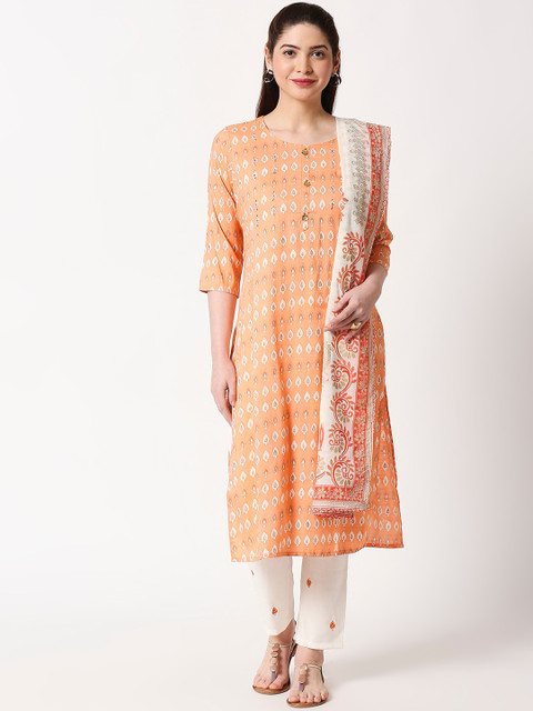 

ZRI Women Orange Printed Kurta with Trousers & Dupatta