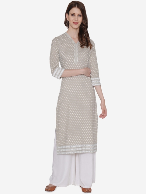 

Vedic Women Grey & White Printed Straight Kurta