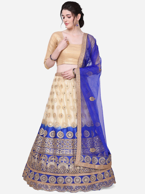 

Mitera Women Blue & Gold-Coloured Embroidered Semi-Stitched Lehenga & Unstitched Blouse With Dupatta