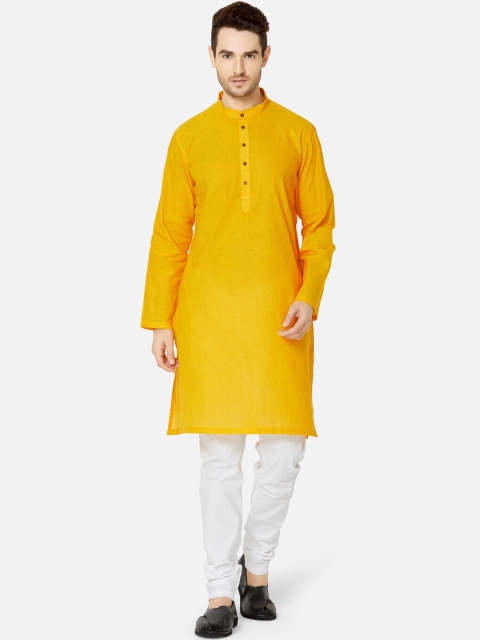 

Ethnicity Men Yellow & White Solid Cotton Kurta with Pyjamas