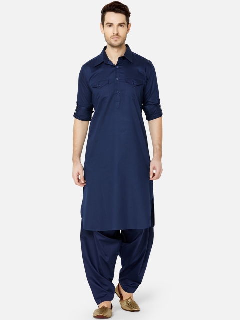 

Ethnicity Men Navy Blue Solid Pathani Kurta with Pyjamas