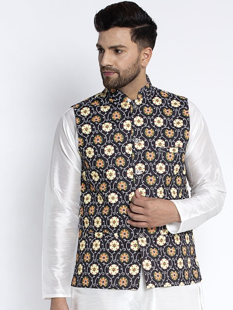 

Benstoke Men Black & Beige Printed Woven Nehru Jacket