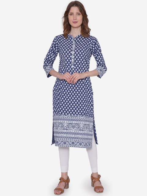 

Vedic Women Navy Blue & White Printed Straight Kurta