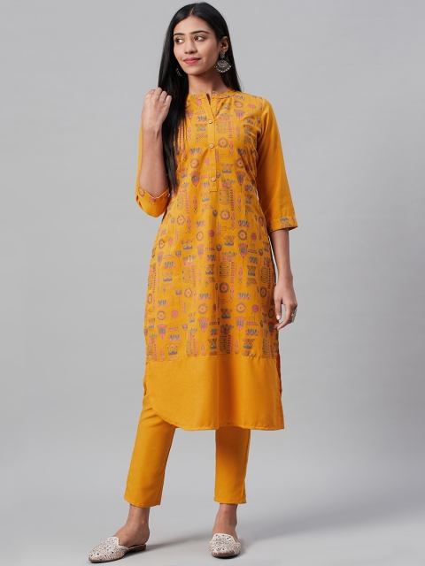 

ZIYAA Women Mustard Yellow Printed A-Line Kurta