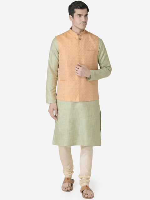 

TABARD Men Green & Beige Solid Kurta with Churidar & Nehru Jacket
