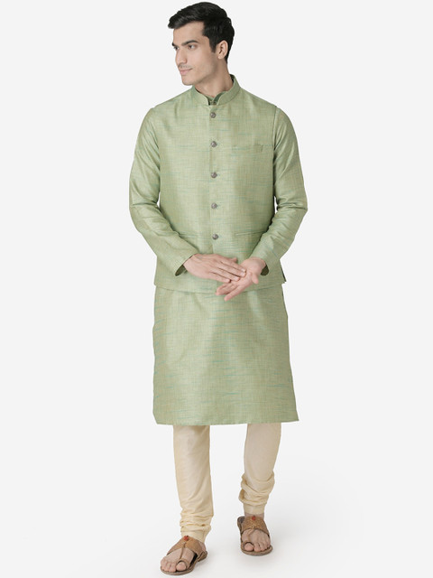 

TABARD Men Green & Beige Solid Kurta with Churidar & Nehru Jacket