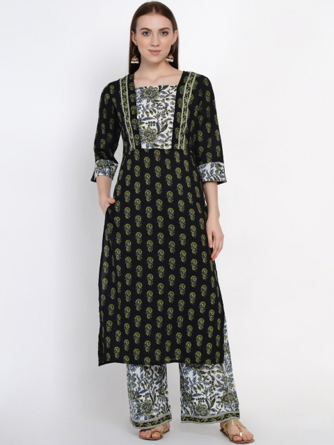 

Yuris Women Black & Green Printed Cotton Kurta with Palazzos