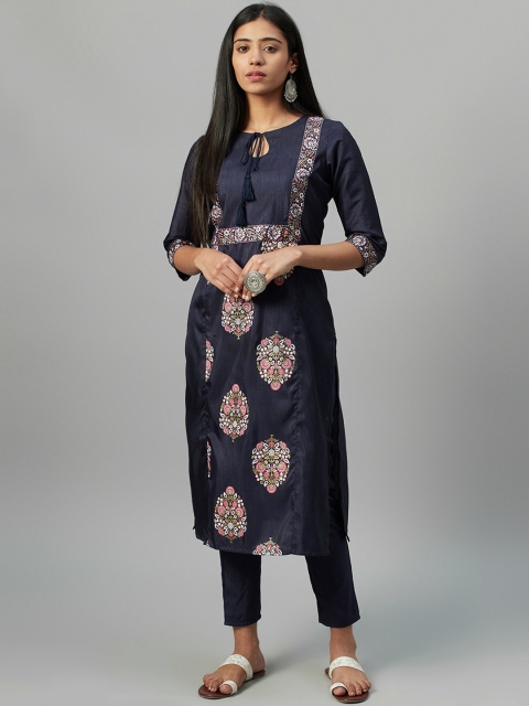 

ZIYAA Women Navy Blue Foil Printed Straight Kurta