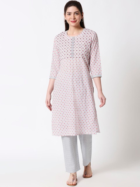 

ZRI Women White & Red Printed Kurta with Trousers