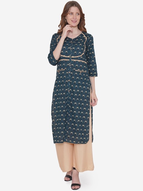 

Vedic Women Green & Beige Printed Straight Kurta