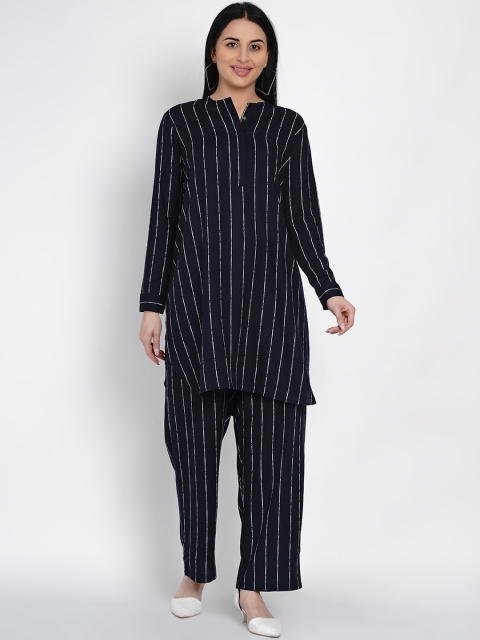 

FABNEST Women Navy Blue & White Striped Clothing Set