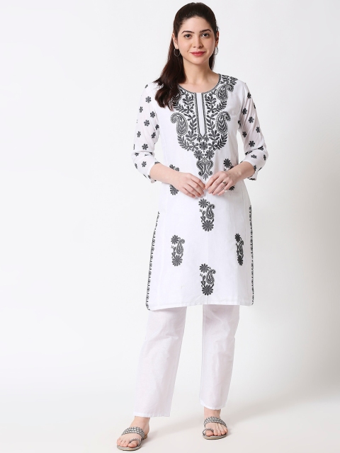 

ZRI Women White Embroidered Kurta with Trousers