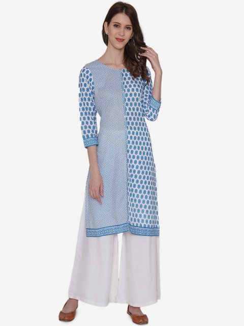 

Vedic Women Blue & Off-White Printed Straight Kurta