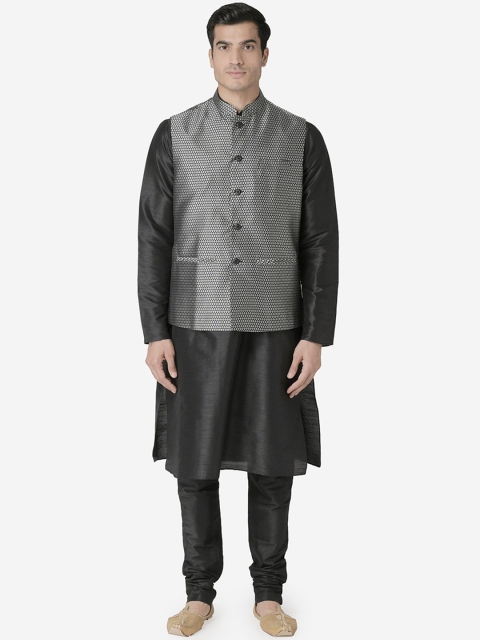 

TABARD Men Black & Grey Solid Kurta with Churidar & Nehru Jacket
