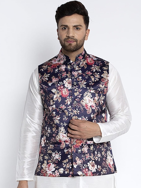

Benstoke Men Navy Blue & Beige Floral Printed Woven Nehru Jacket