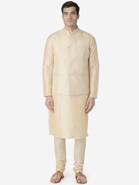 

TABARD Men Cream-Coloured Solid Kurta with Churidar & Nehru Jacket