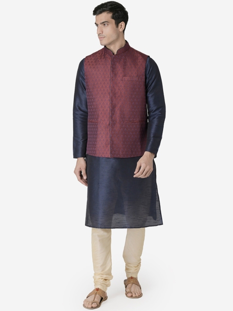 

TABARD Men Navy Blue & Maroon Solid Kurta with Churidar & Nehru Jacket