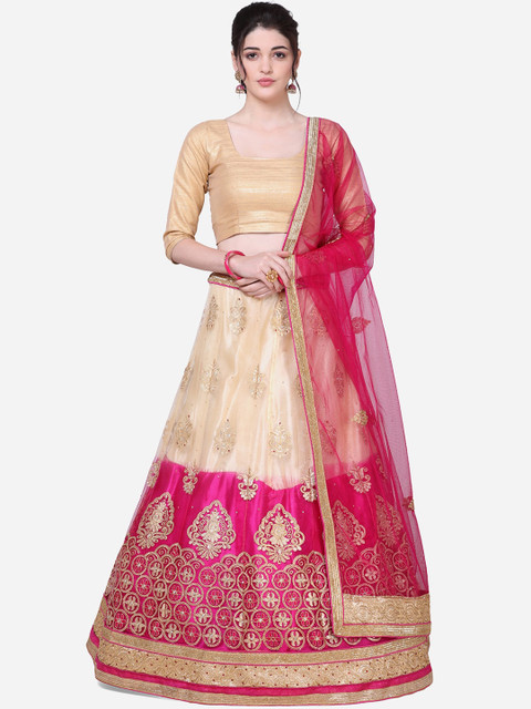 

Mitera Women Pink & Gold-Coloured Embroidered Semi-Stitched Lehenga & Unstitched Blouse With Dupatta