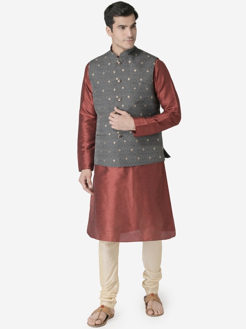 

TABARD Men Maroon & Grey Solid Kurta with Churidar & Nehru Jacket