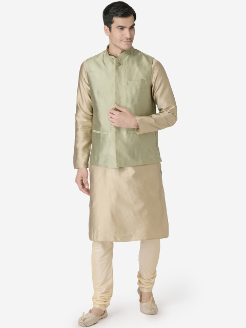 

TABARD Men Gold-Coloured & Green Solid Kurta with Churidar & Nehru Jacket