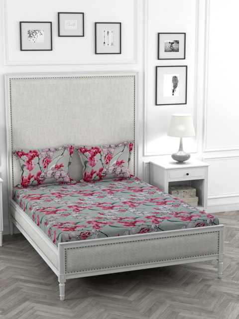 

STELLAR HOME Grey & Pink Floral Printed Cotton Double Queen Bedsheet With 2 Pillow Covers