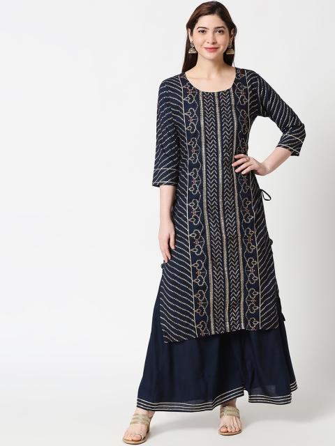 

ZRI Women Navy Blue Woven Design Kurta with Skirt