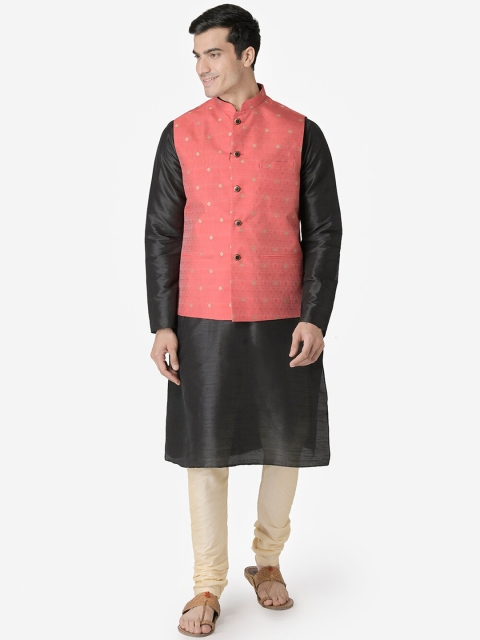 

TABARD Men Black & Coral Pink Solid Kurta with Churidar & Nehru Jacket