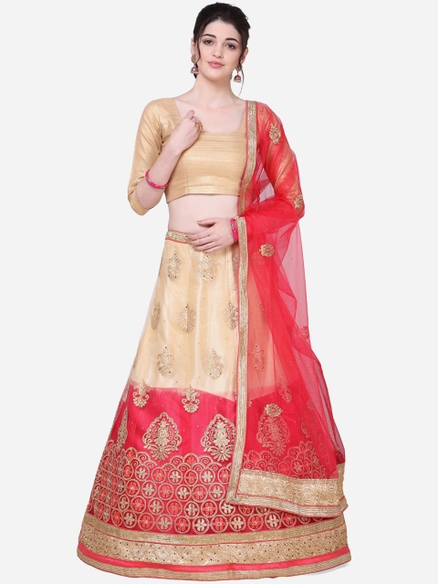 

Mitera Women Pink & Beige Embroidered Semi-Stitched Lehenga & Unstitched Blouse with Dupatta