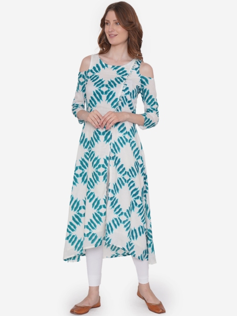 

Vedic Women White & Green Printed A-Line Kurta