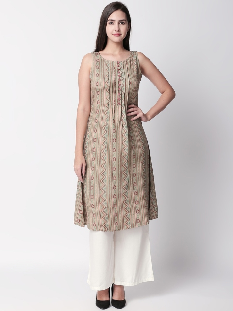 

Ethnicity Women Beige & Green Woven Design A-Line Kurta