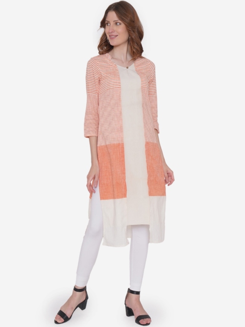 

Vedic Women Off-White & Orange Striped Straight Kurta
