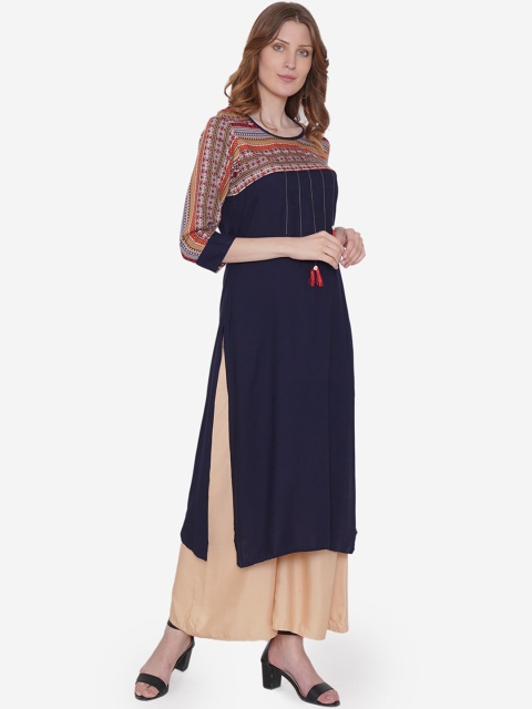 

Vedic Women Navy Blue & Red Printed Straight Kurta