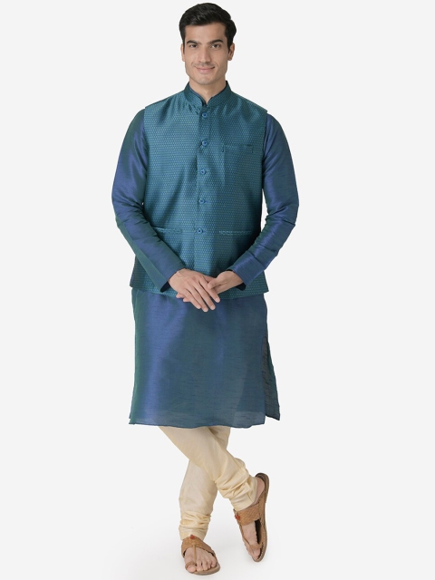 

TABARD Men Teal Green & Beige Solid Kurta with Churidar & Nehru Jacket